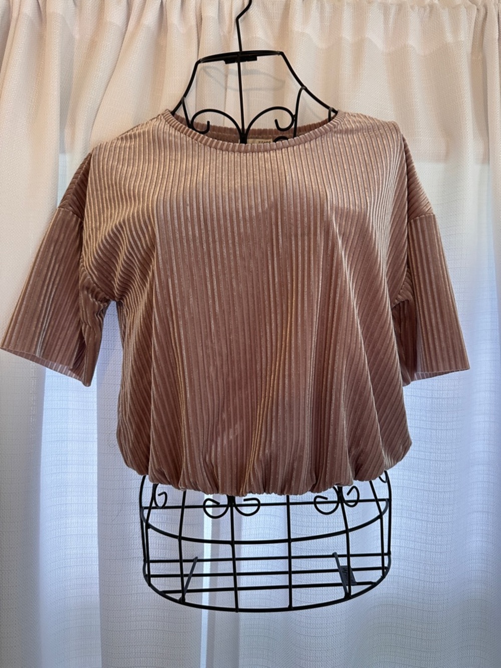 Zara Dusty Rose Ribbed Pleated Velour Short-Sleeve Top